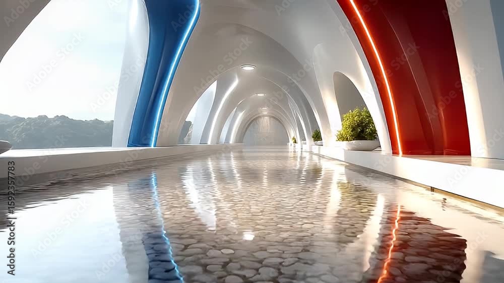 Modern architectural interior corridor with water feature