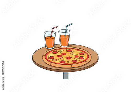 Pizza and drinks on a table with straws on white background
