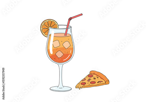 Glass of juice with a slice of pizza on white background
