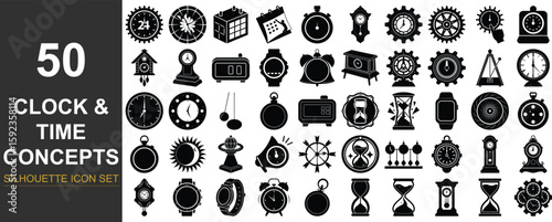 Silhouette of classic analog and digital clock indicating time concepts isolated on transparent background