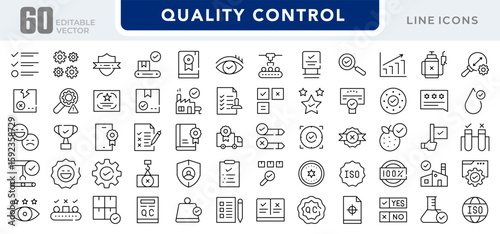 Quality control linear icon set. Business audit, correct, search, testing, product, checkmark, approve, finance, quality check, assurance, production, vector icon set. UI thin line icon pack.
