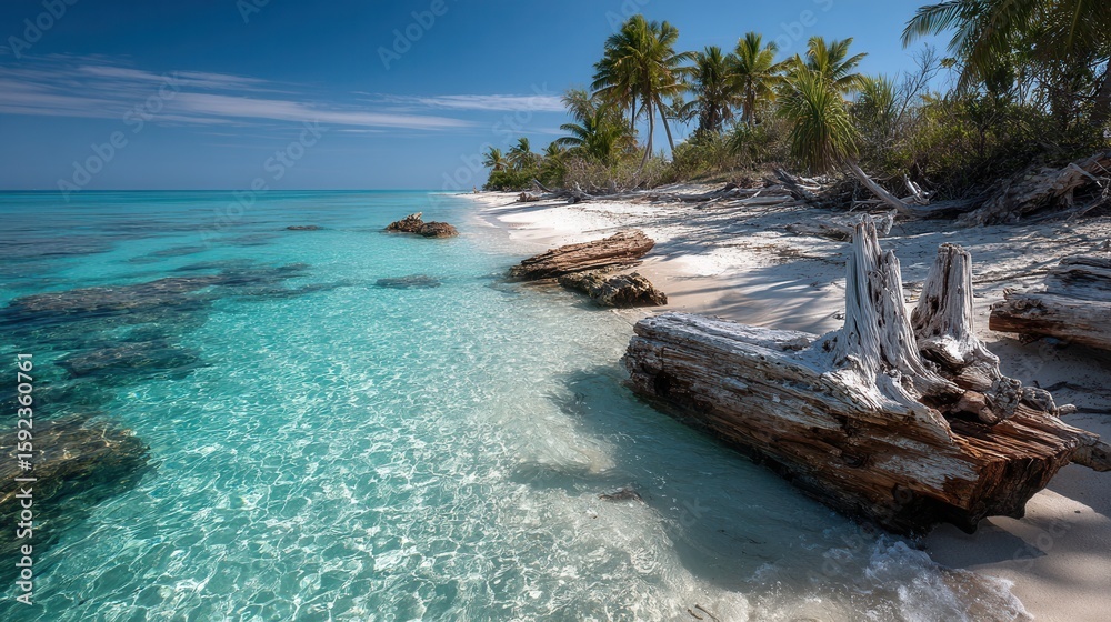 Obraz premium Serene Tropical Beach with Clear Water and Palm Trees in Paradise