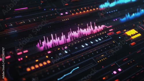 A DAW UI design on black, timeline, waveforms, Generative AI Videos.
