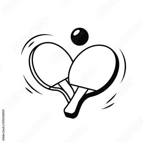 Two crossed ping pong paddles with a ball in motion