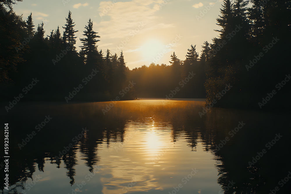 Fototapeta premium a lake with a boat in it and the sun setting