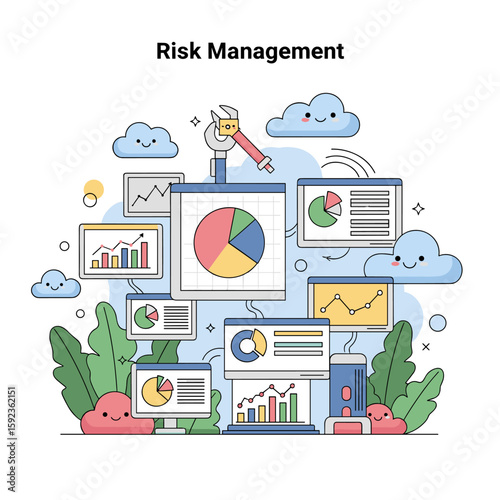 Cute illustration depicting risk management and data analysis