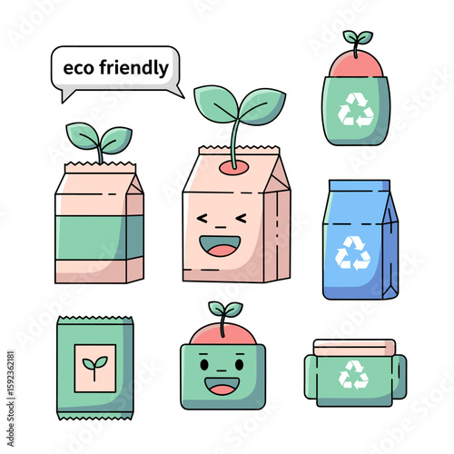 Eco-friendly illustrations featuring packaging and plants