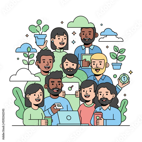 Group of diverse individuals with plants and clouds