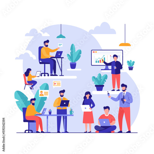 Group of professionals working in a modern office environment