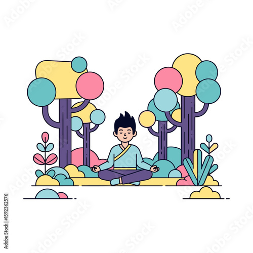 Meditating figure in a stylized forest