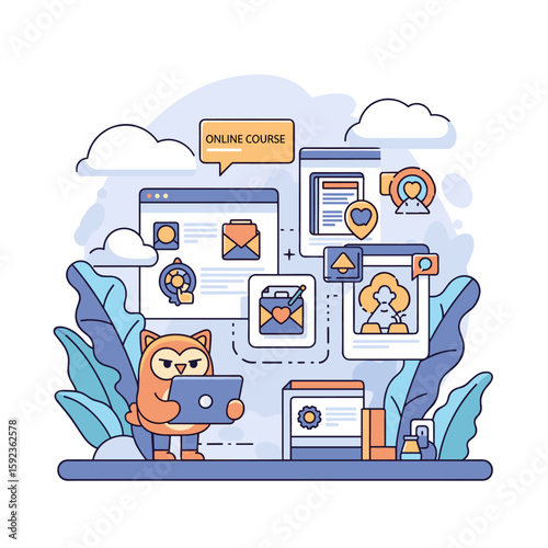 Online course learning illustration with owl and screens