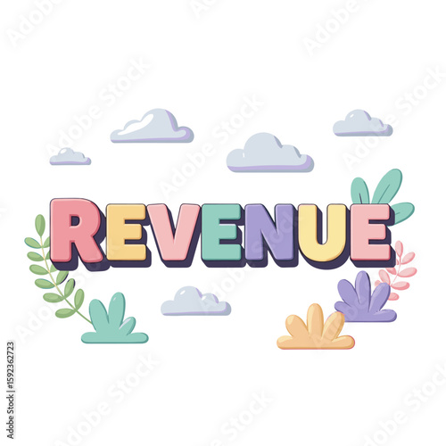 Revenue wordmark with clouds and decorative elements