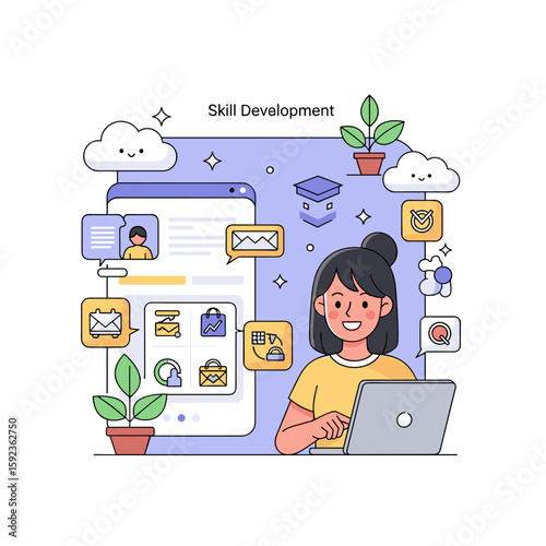 Skill development illustration of a woman working on a laptop