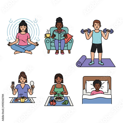 Scenes of wellness meditation, reading, exercise, eating, and sleeping