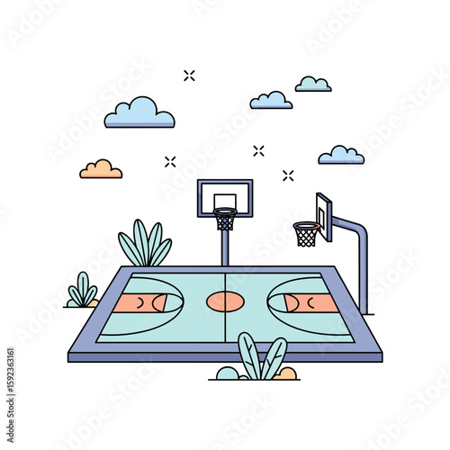 Basketball court illustration with clouds