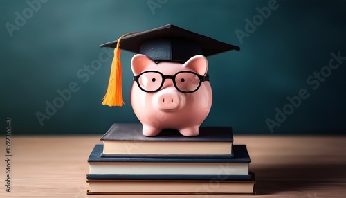 Piggy bank with graduation cap and glasses on stack of books, student loan savings education budget, academic financial literacy, scholarship tuition planning, money saving for college funds income