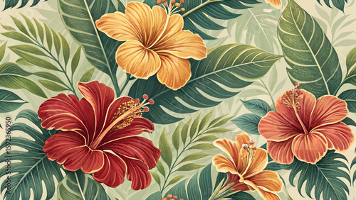 Vector seamless illustration of Cooke's kokio flowers for printing on fabric or wallpaper.