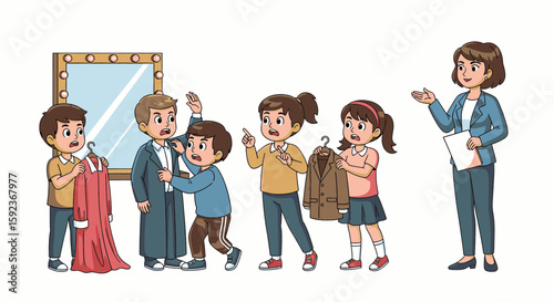 Children arguing over costumes while a teacher observes, a scene of playful conflict in a dressing room.
