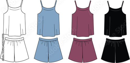 Women's pajama set, camisole and shorts, cad drawing flat vector illustration, sleepwear design in four colors, fashion flats for stock