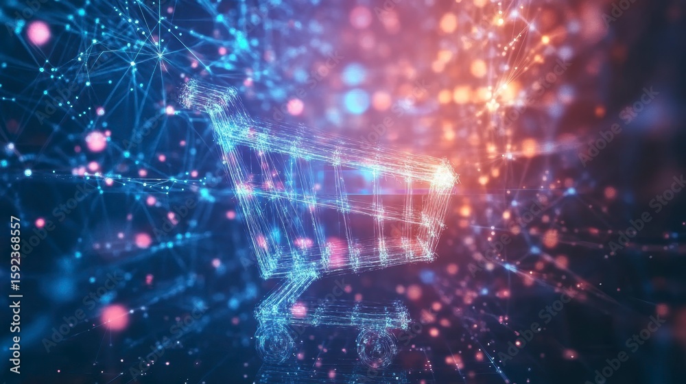 Obraz premium Abstract glowing shopping cart in digital network.