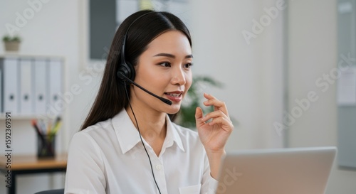 A young woman with dark hair, wearing a headset and white shirt, sits at a desk in an office, using a laptop, appearing to be engaged in a phone conversation