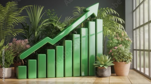 Green growth bar graph with lush houseplants a visual representation of business success and sustainability