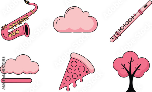 Pink saxophone flute pizza slice tree and clouds flat design icons vector