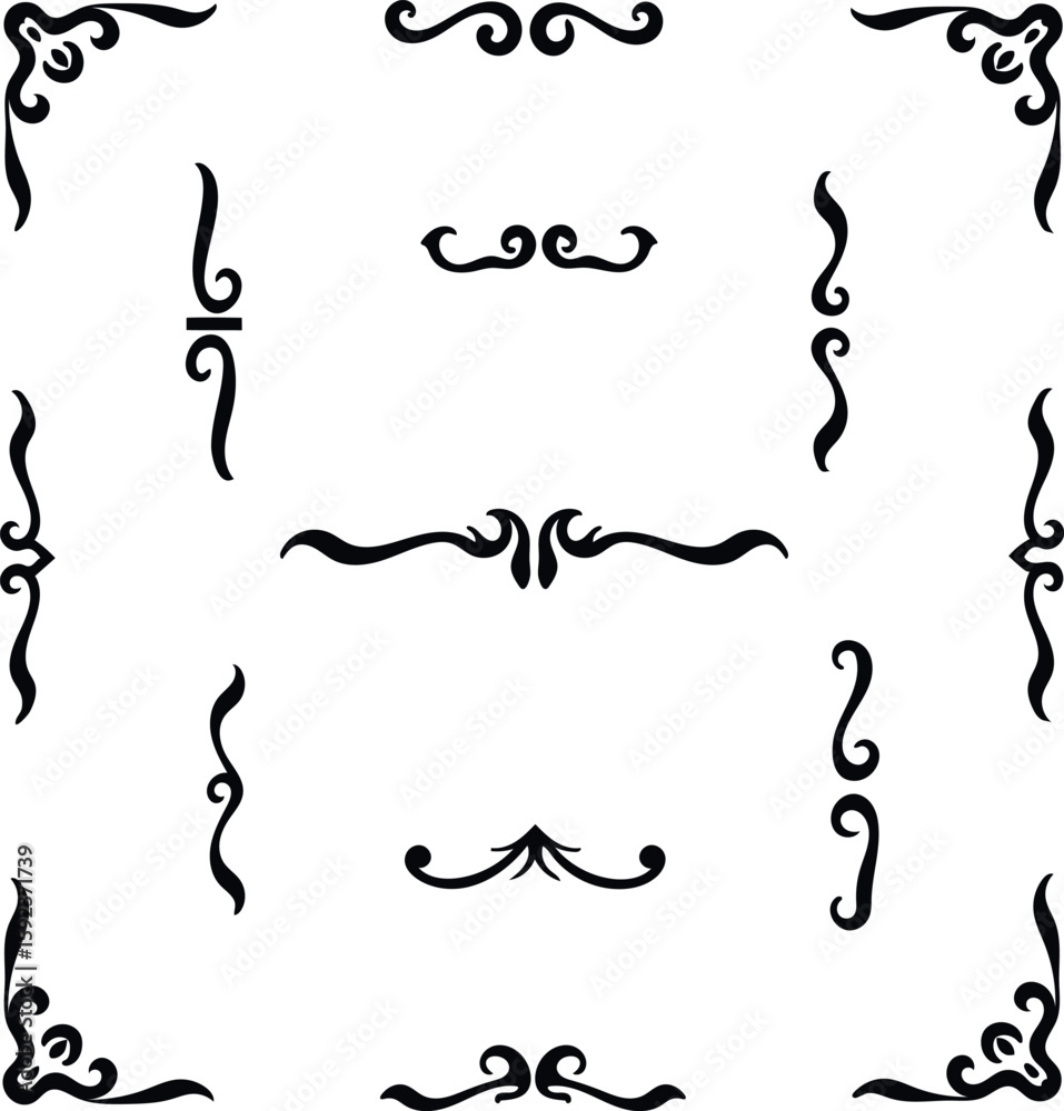 Fototapeta premium Collection of ornate decorative flourishes and corner elements isolated on white background