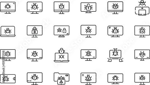 Cybersecurity Icons Collection Featuring Hacking, Malware, Phishing, Secure Login, Data Protection, and Virus Alert Symbols in a Modern Line Style