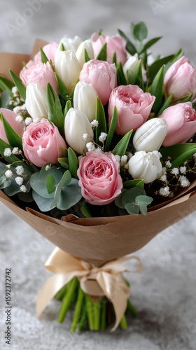 Wallpaper Mural A stunning arrangement of pink peonies, tulips, and roses radiates charm, creating a lively and elegant ambiance in the background Torontodigital.ca