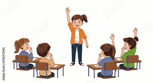 A cartoon illustration of a teacher and four students in a classroom, with students raising hands.