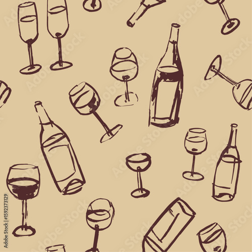 Seamless pattern with wine glasses and bottles, line art drawings, sketched art