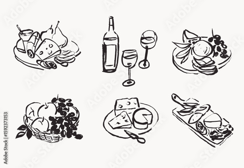 Line art design elements, charcuterie hand drawn illustration, wine and cheese vector drawings