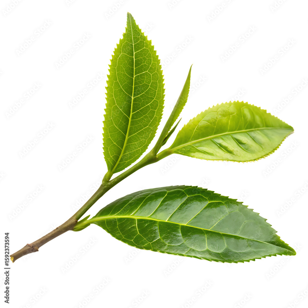 Fototapeta premium A vibrant sprig of fresh green tea leaves used for wellness and antioxidant drinks isolated on a transparent background png
