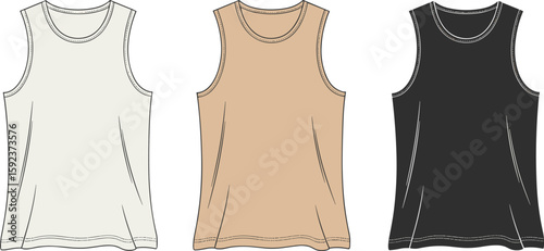 Sleeveless tank top cad drawing flat vector illustration, scoop neck design, technical fashion template, casual muscle fit shirt sketch outline