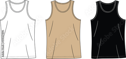 Sleeveless tank top cad drawing flat vector illustration, casual shirt front view, minimalist layout, fashion apparel sketch, technical garment design