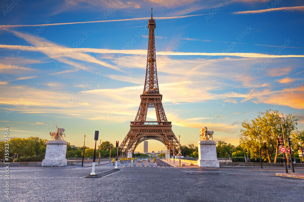 Fototapeta premium Eiffel Tower main panorama, symbol of Paris, sunset light view