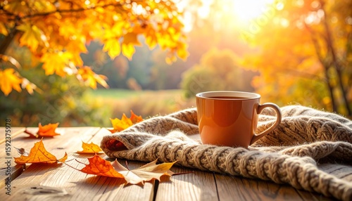 Hot brown coffee or tea in a white mug on a wooden table, an autumn still life with warm fall leaves