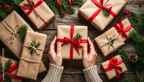 Colorful Christmas gift boxes and festive decorations adorn a green Christmas tree with red ribbons and golden ornaments, perfect for holiday celebrations and New Year presents