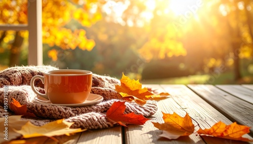 Hot autumn tea with colorful leaves on a rustic table