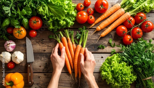 Fresh, healthy organic vegetables including tomatoes, cucumbers, peppers, and carrots on a wooden table