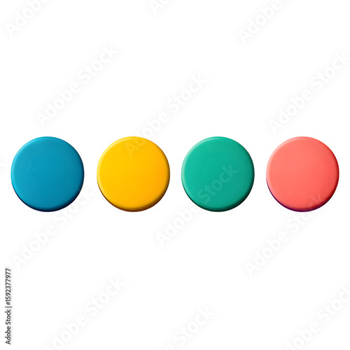 Four colorful magnets aligned horizontally, circular shape, on isolated transparent background