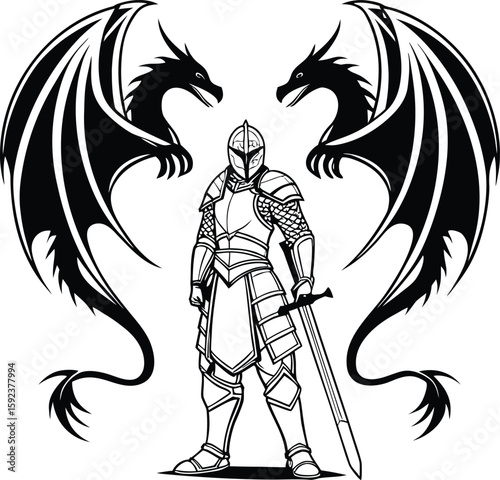 Medieval Knight with Two Dragons Vector Illustration Fantasy Warrior Design for Poster Tattoo Sticker Book Game Concept Art Template