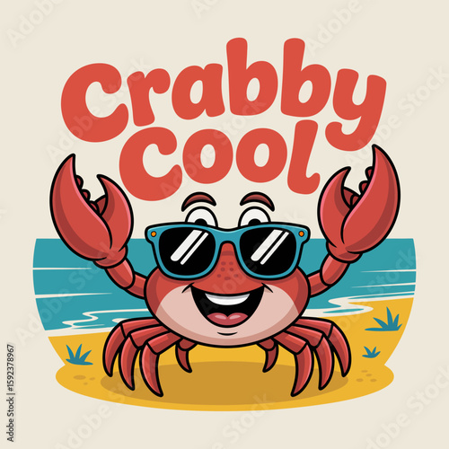 Smiling red crab under crabby cool heading, great for summer badge icon or kids printable collection  