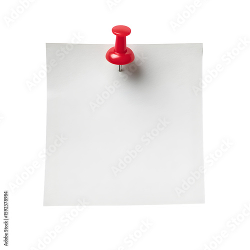 White note paper pinned with red tack, clean shadow, on isolated transparent background