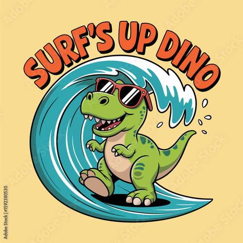 Happy surfing dinosaur riding wave with surf's up dino text, ideal for fun printable material or summer calendar card  
