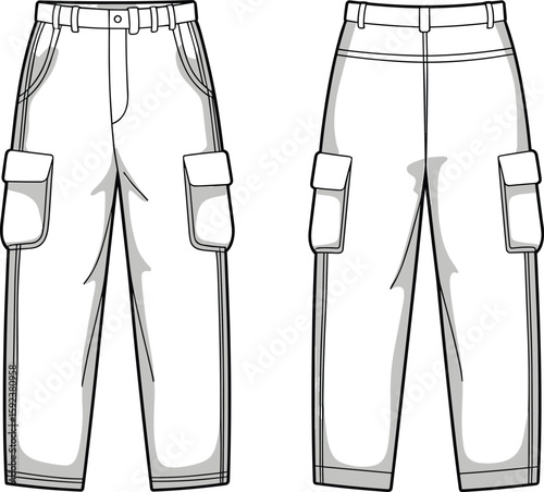 Cargo pants cad drawing flat vector illustration, technical sketch with flap pockets, front and back view, detailed seams, functional fashion template
