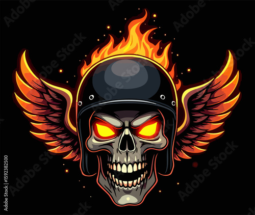Biker vector t-shirt design with fire human skull,
motorcycle helmet, wings on black background.
Fashionable print for fabric, paper, men clothing,
hoodie, biker jacket. T shirt template.