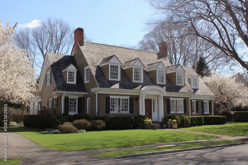 Fototapeta premium A beautiful home in the suburbs of Currier and Ives, with spring trees blooming on both sides and neatly trimmed hedges surrounding it Generative AI