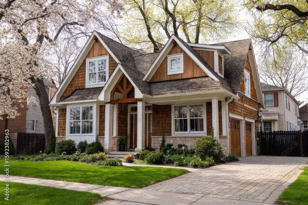 Obraz premium a modern home in an upscale neighborhood, taken during springtime with blooming trees and green lawns The house has two gable roofs on the front, one large window over each door Generative AI
